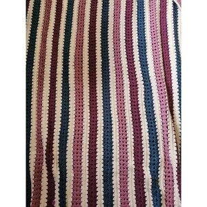 VTG Handmade Afghan Crochet Throw Lap Blanket Pink Multicolor Stripes